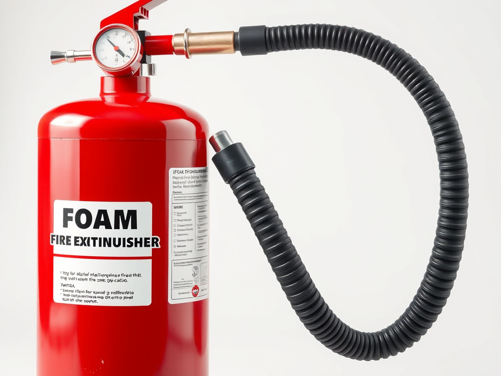 A red foam fire extinguisher with a pressure gauge and a black flexible hose.